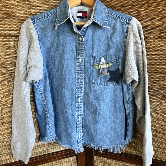 Upcycled Jean Jacket, M: Denim & Flannel Star Patchwork, Waffle Knit Sleeves - Picture 10 of 12